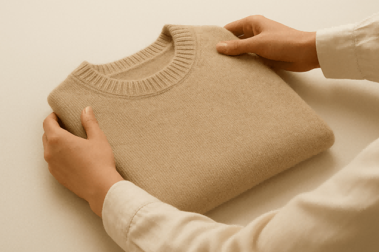 A person gently folding a merino wool sweater on a clean surface